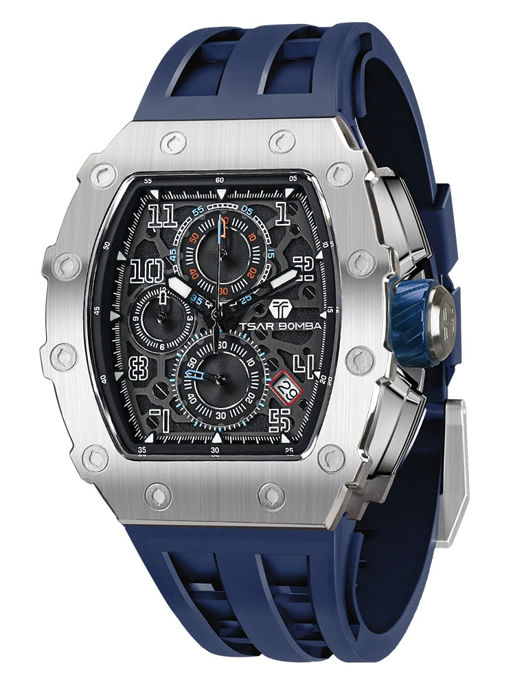Reloj TSAR BOMBA para hombre, marca de lujo, diseño tonneau, impermeable, de acero inoxidable, reloj de pulsera de moda rectangular para hombre