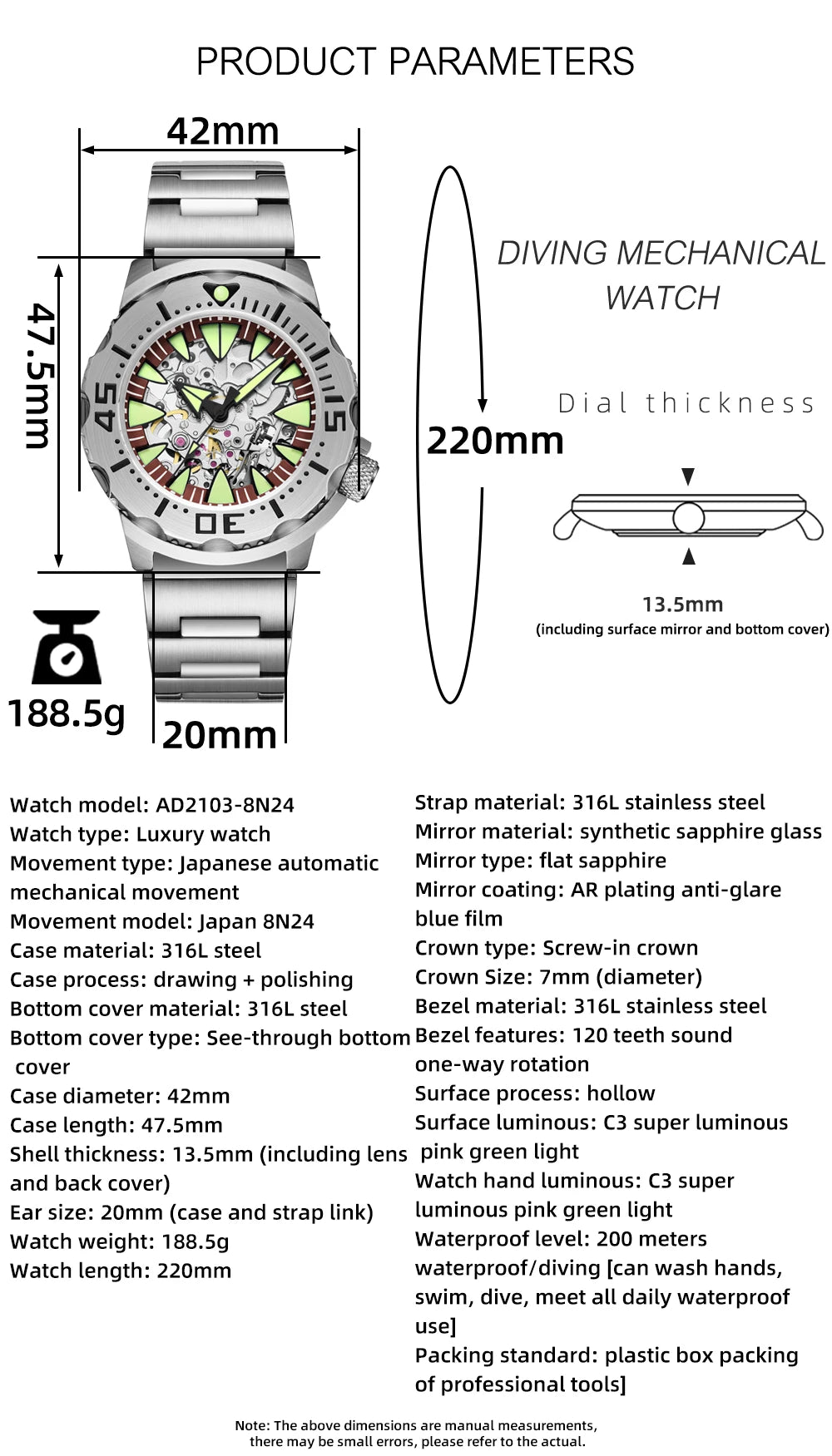 ADDIESDIVE luxury men's skeleton automatic watch sapphire glass BGW9 luminous diver's watch 200m men analog mechanical watches