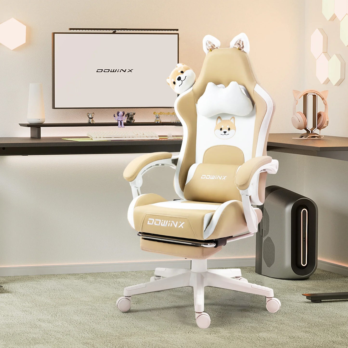 Silla gaming cute con orejas de gato, reposapiés rosa kawaii, silla de ordenador ergonómica de respaldo alto para gamers con soporte lumbar de pata de gato