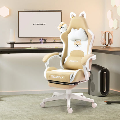 Silla gaming cute con orejas de gato, reposapiés rosa kawaii, silla de ordenador ergonómica de respaldo alto para gamers con soporte lumbar de pata de gato