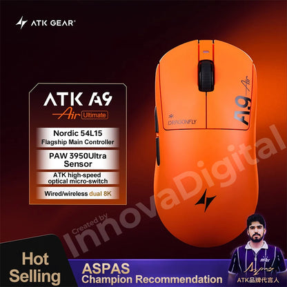 ATK Dragonfly A9 Ultimate belaidė žaidimų pelė A9 Air PAW3950, itin lengva ergonomiška e. sporto FPS žaidėjų pelė CSGO A9 Ultra