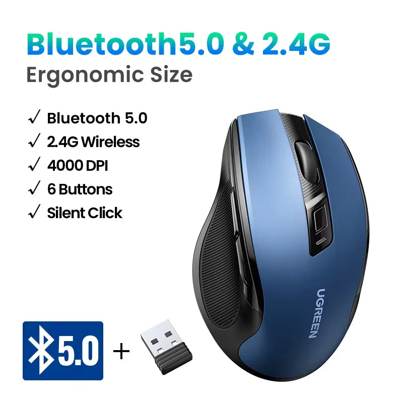 Bezdrátová myš UGREEN Bluetooth 5.0, ergonomická myš 4000 DPI se 6 tichými tlačítky pro MacBook, tablet, notebooky, počítač PC, 2.4G myš
