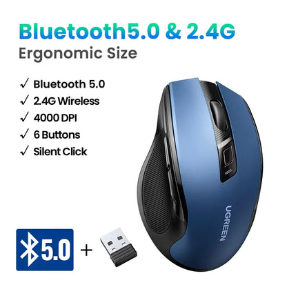 Bezdrátová myš UGREEN Bluetooth 5.0, ergonomická myš 4000 DPI se 6 tichými tlačítky pro MacBook, tablet, notebooky, počítač PC, 2.4G myš