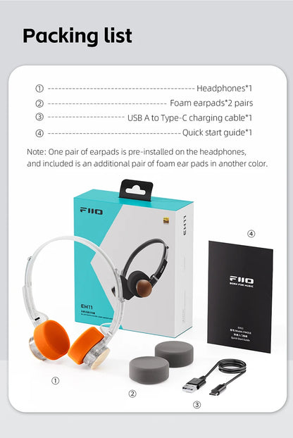 FIIO EH11 On-Ear-Bluetooth-Kopfhörer – Hi-Res LDAC kabelloses Bass-Headset, 30H Akku, Dual-Device-Verbindung & leichtes Retro-Design