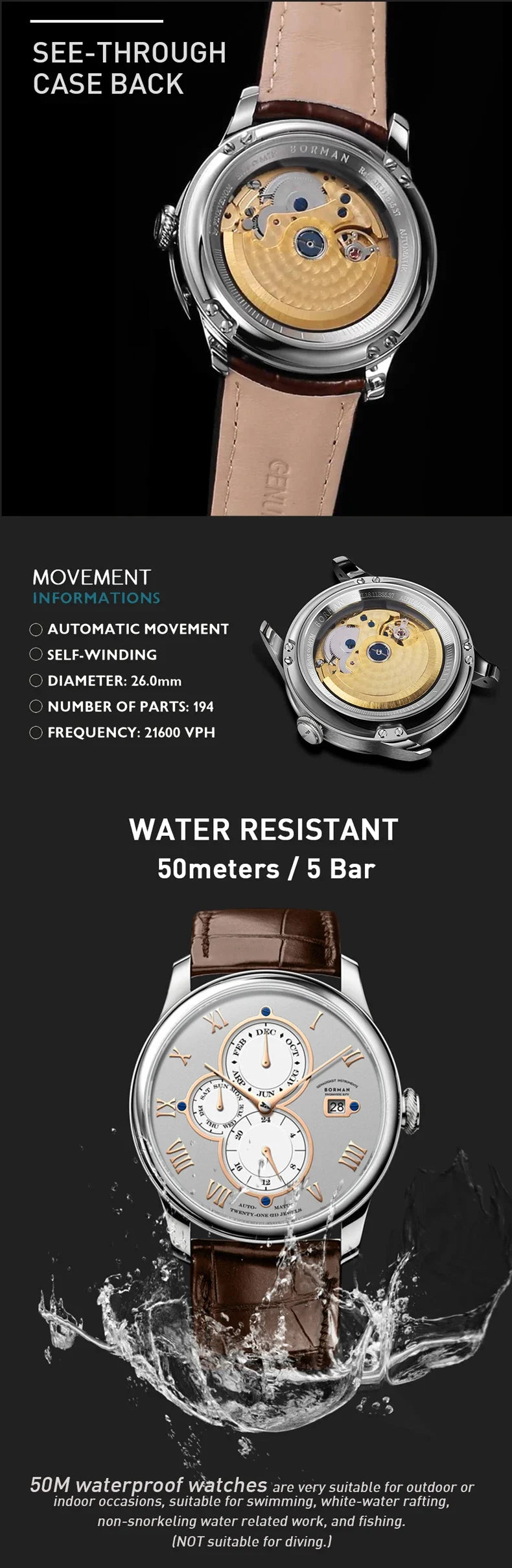 Luxury Brand BORMAN Automatic Mechanical Men's Watches Sapphire 50M Waterproof Multi-function Dial Retro Leather Clocks BM18011