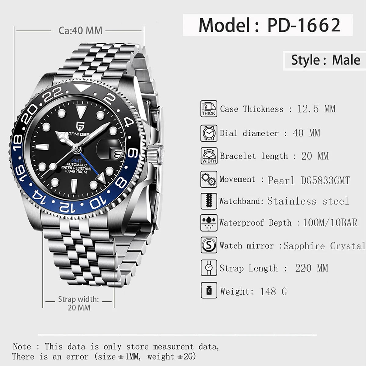 PAGANI DESIGN 40MM GMT Reloj para hombre de lujo con cristal de zafiro AR, reloj mecánico con bisel cerámico, automático, resistente al agua 100M, reloj de regalo