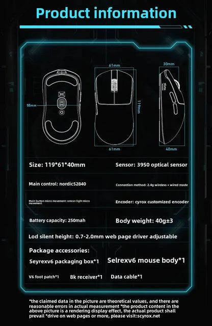 Mouse gaming wireless SCYROX V6 neporos, esports, 40g, 750IPS, cu receptor 8k, răspuns rapid, 3950, calitate superioară, 8KHz