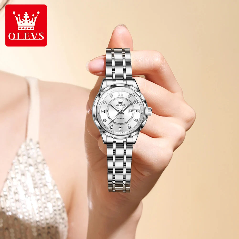 OLEVS 6727 Ladies Watch Automatic Mechanical Watch Stainless Steel Waterproof Calendar Week Watches For Women Luxury Elegant New