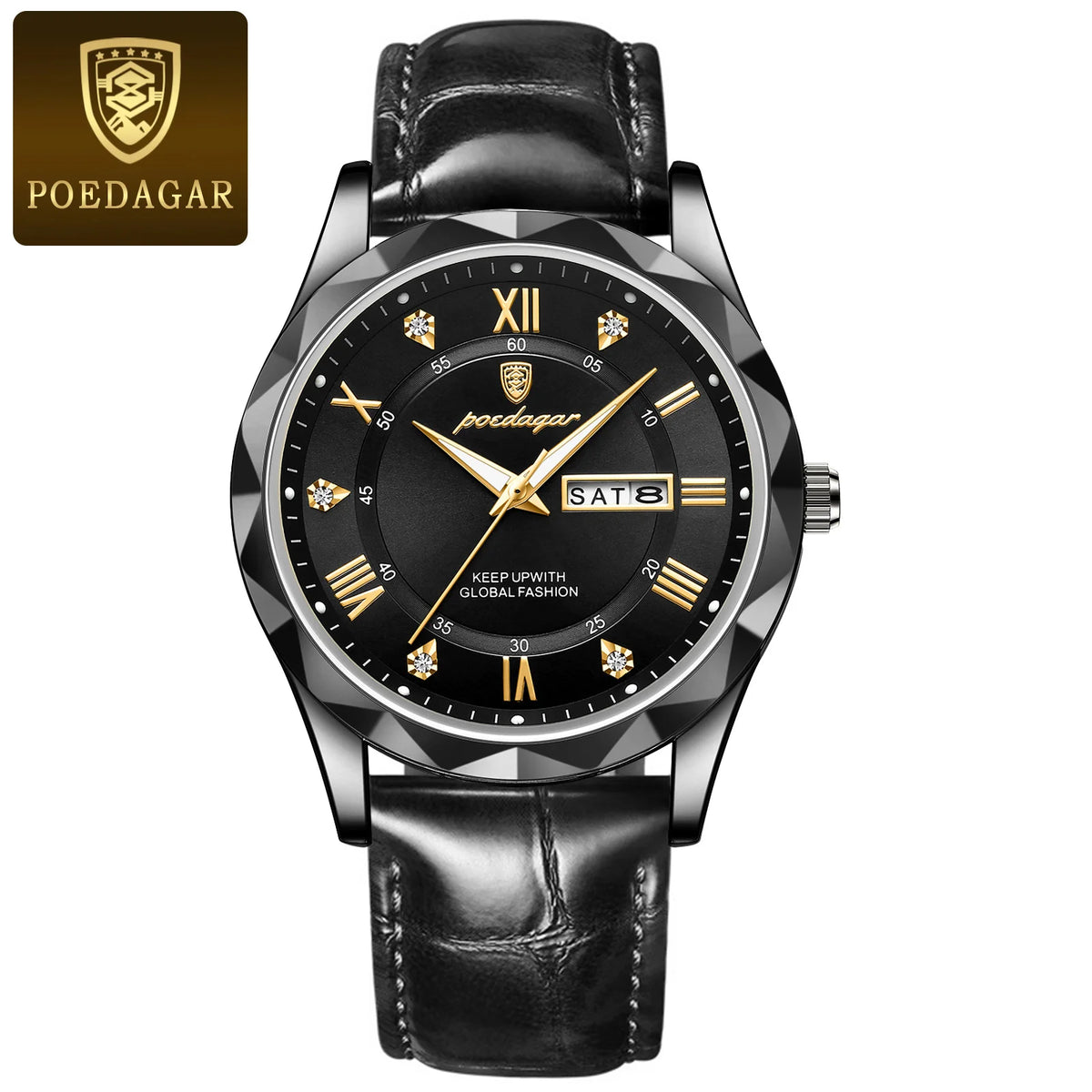 POEDAGAR herenhorloge, origineel luxemodel: waterdicht, lichtgevend, met datum- en dagweergave. Quartzhorloge in klassieke en professionele stijl, voorzien van een leren band.