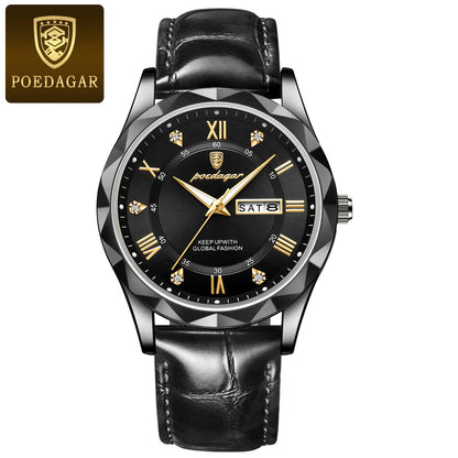 POEDAGAR herenhorloge, origineel luxemodel: waterdicht, lichtgevend, met datum- en dagweergave. Quartzhorloge in klassieke en professionele stijl, voorzien van een leren band.