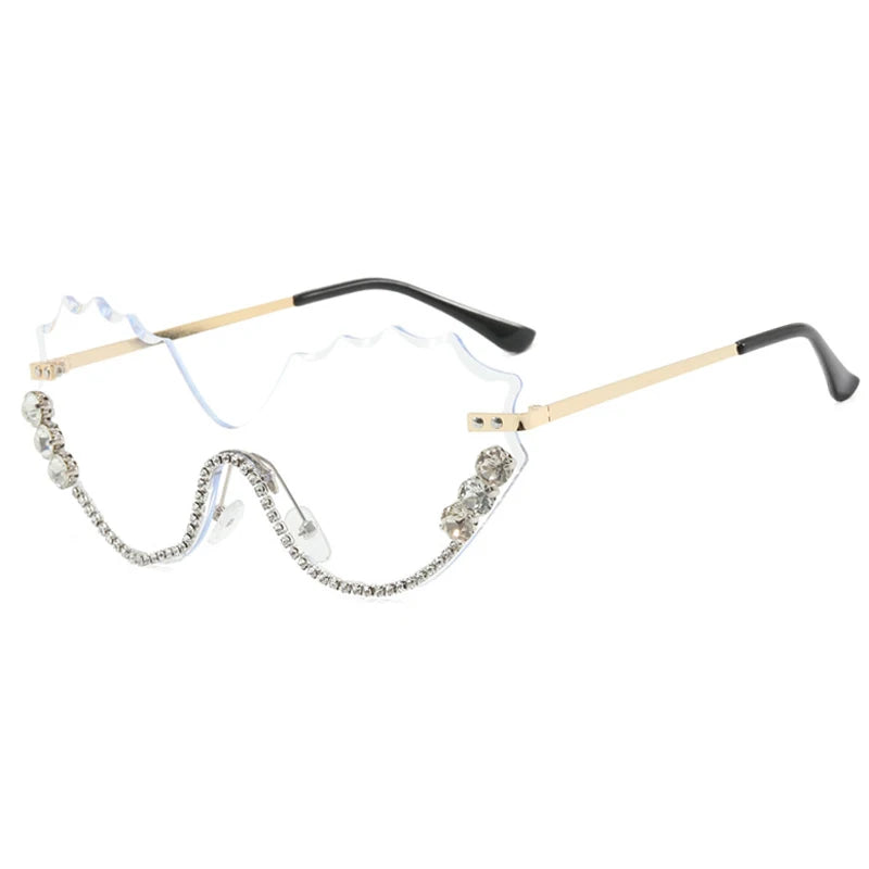 Fashion Luxury Brand Design Diamond Wave Rimless Women Sunglasses Hip Hop Eyewear Outdoor Glasses Unisex Shades Glasses UV400