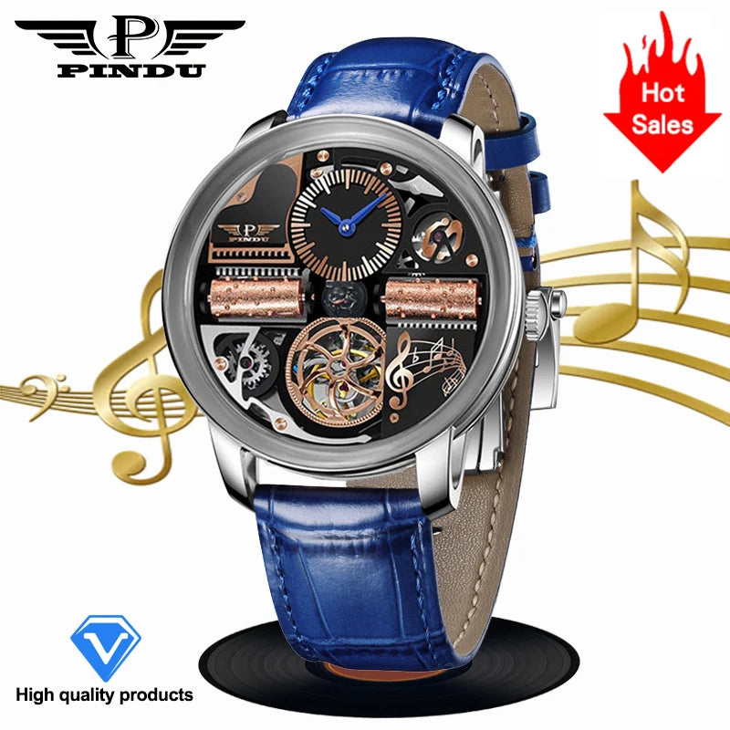 Relógio Automático de Luxo para Homem PINDU Design Music Series 2025 Novo, Movimento Mecânico, Aço Inoxidável, Vidro de Safira, Esqueleto