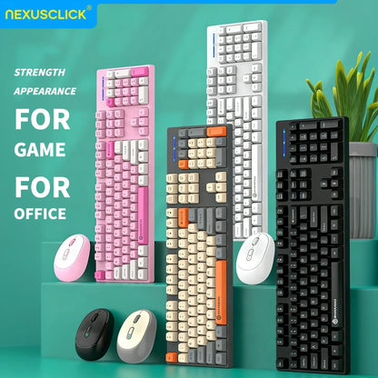 Conjunto Teclado e Rato Sem Fios NexusClick para Gaming e Escritório, Poupança de Energia Inteligente, Tamanho Completo, 104 Teclas, 1600DPI Ajustável, USB para Portátil e PC