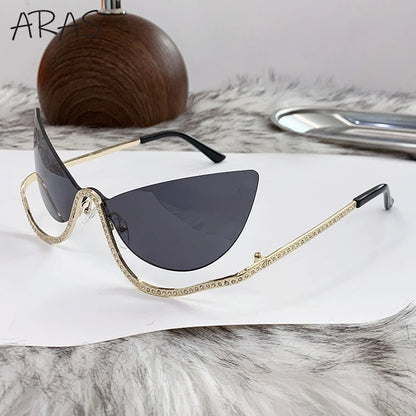 Sexy Cat Eye Rimless Sunglasses Women 2026 Luxury Brand Trendy Rhinestone Sun Glasses Punk Metal Frame Eyewear Outdoor Shades