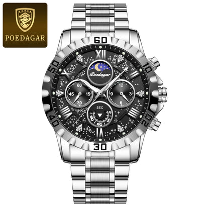 Reloj para hombre POEDAGAR: cronógrafo de lujo, resistente al agua y luminiscente, de acero inoxidable, de estilo deportivo y militar, con movimiento de cuarzo