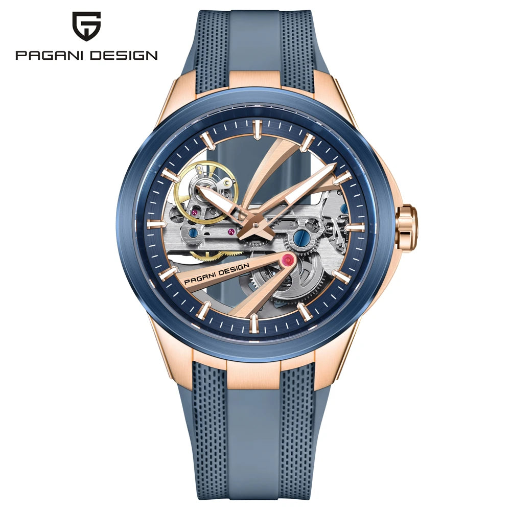Ceas pentru bărbați PAGANI DESIGN – Model mecanic automat de lux, de tip „schelet” (cu mecanism expus), dotat cu un tourbillon, sticlă de safir cu tratament antireflex, rezistent la apă și luminescent.