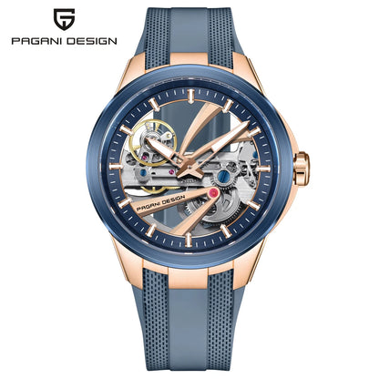 Ceas pentru bărbați PAGANI DESIGN – Model mecanic automat de lux, de tip „schelet” (cu mecanism expus), dotat cu un tourbillon, sticlă de safir cu tratament antireflex, rezistent la apă și luminescent.