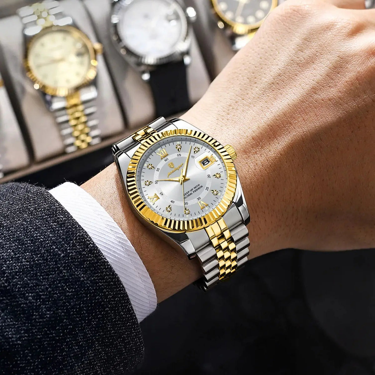 Montre à quartz classique et luxueuse pour homme POEDAGAR – Boîtier en acier inoxydable, affichage de la date, étanche, aiguilles luminescentes – Montre-bracelet élégante pour le travail ou les occasions formelles