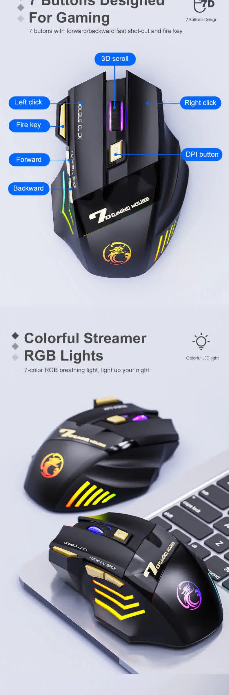 Brezžična miška Bluetooth, polnilna računalniška miška za gamerje, ergonomska gaming miška z RGB osvetlitvijo in tihim delovanjem za PC