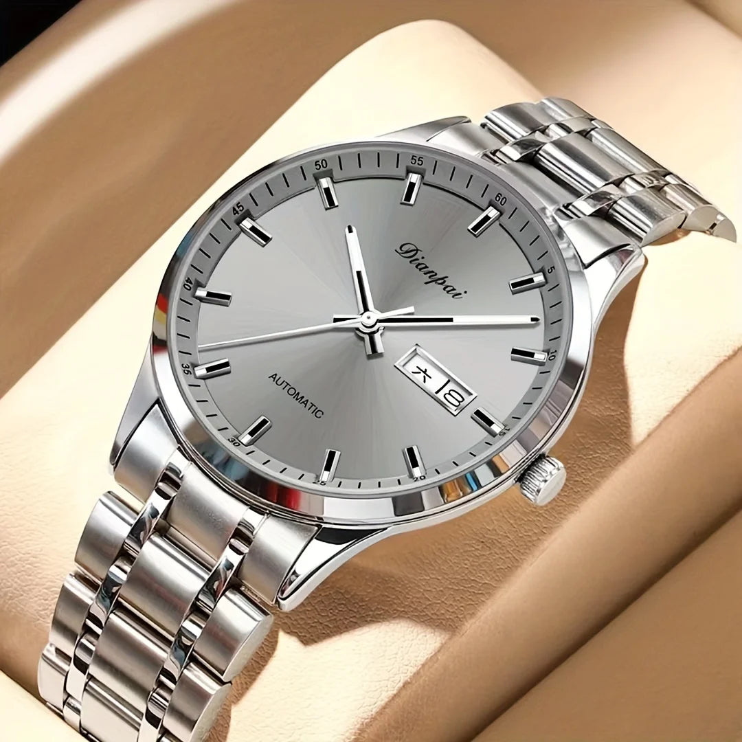 „Dianpai“ vyriškas automatinis mechaninis laikrodis – prabangus modelis, švytintis ciferblatas, klasikinis ir minimalistinis dizainas, pagamintas iš nerūdijančio plieno, atsparus vandeniui, su kalendoriumi ir savaitės dienos rodikliu