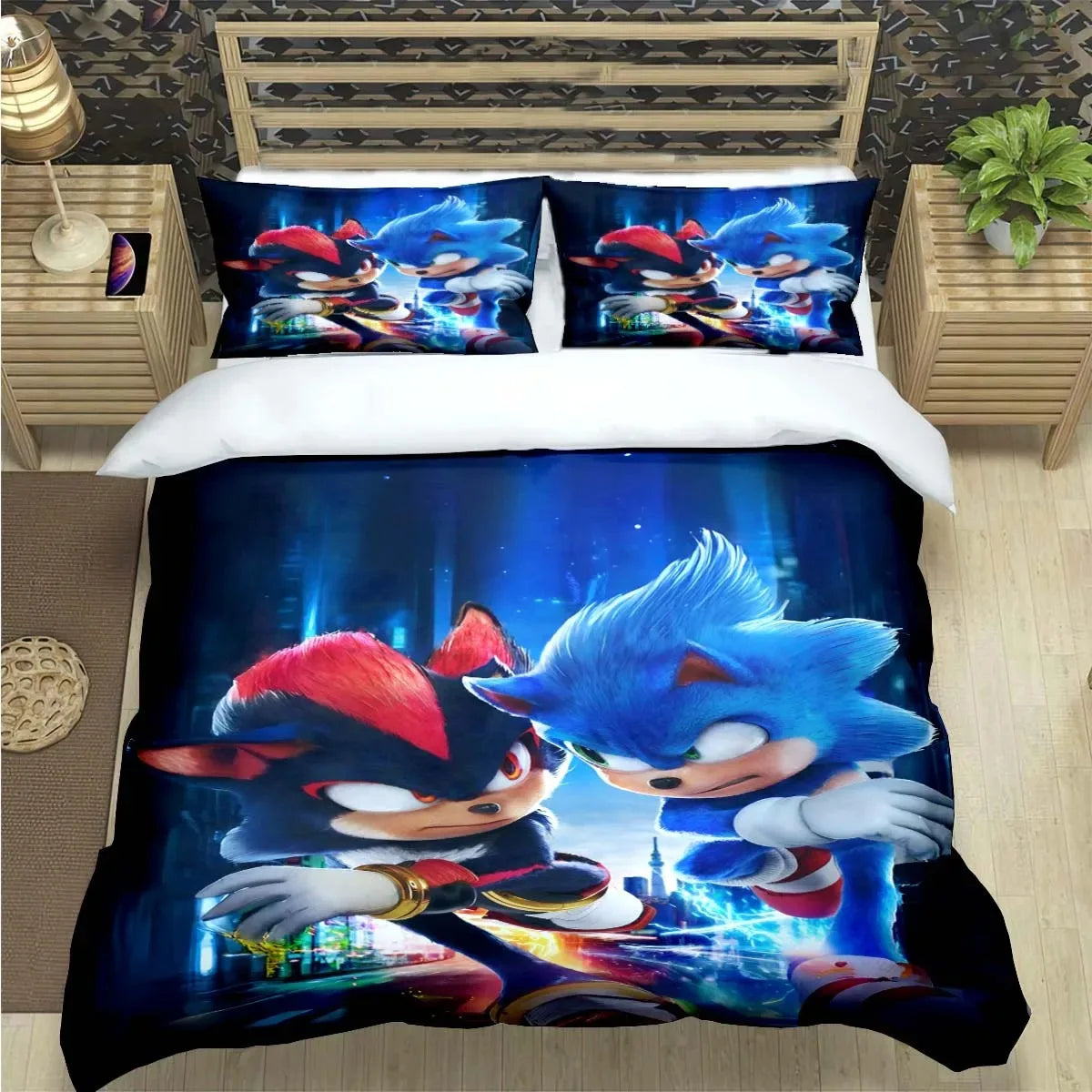 Mados animacinių filmų personažų motyvais dekoruotas patalynės komplektas „Sonic“ antklodės užvalkalas, antklodė, lovos užklotas, skirtas paaugliams, vaikams, mergaitėms ir berniukams – prabangus gimtadienio dovana