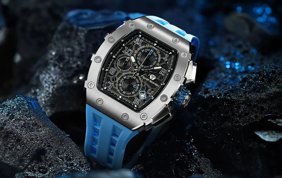 Reloj TSAR BOMBA para hombre, marca de lujo, diseño tonneau, impermeable, de acero inoxidable, reloj de pulsera de moda rectangular para hombre