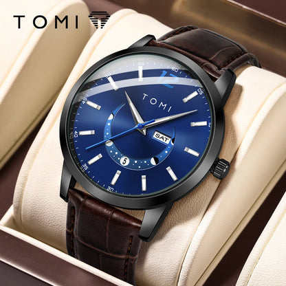Ceas cu cuarț TOMI, stil business și elegant, cu brățară din piele, carcasă din aliaj și cadran cu ace – Design de înaltă calitate, idee de cadou pentru bărbați