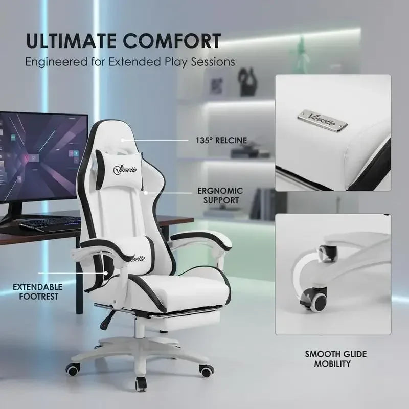 Ergonomic Leather Gaming Chair with 135° Reclining, 360° Swivel, Footrest, Adjustable Height, Comfortable Office & PC Gaming Chair