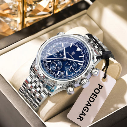 POEDAGAR Trendy Man Watch Chronograph Date Waterproof Luminous Men's Watches Stainless Steel Quartz Sports Luxury Man Wristwatch
