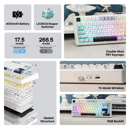 EPOMAKER x AULA F75 75% ANSI Gasket Hot-Swap Bluetooth 5.0/2.4G Wireless/Wired Mechanical Keyboard PBT Keycaps for Win/Mac