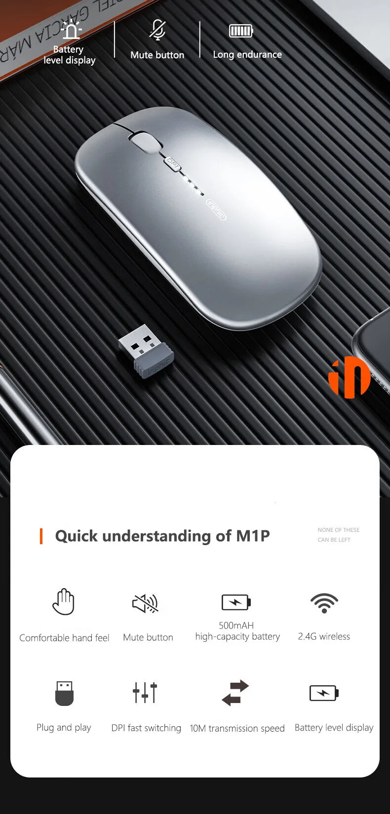 Bezdrátová tichá kancelářská myš Inphic M1P, ultratenká přenosná, USB rozhraní, ukazatel stavu baterie, nabíjení TYPE-C