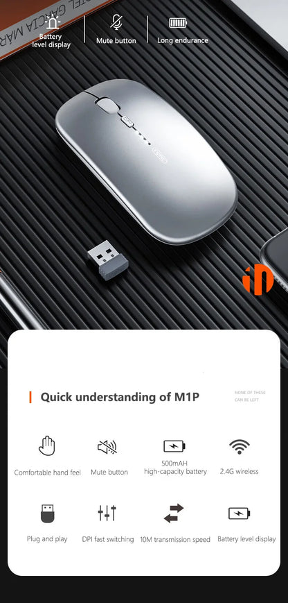 Bezdrátová tichá kancelářská myš Inphic M1P, ultratenká přenosná, USB rozhraní, ukazatel stavu baterie, nabíjení TYPE-C