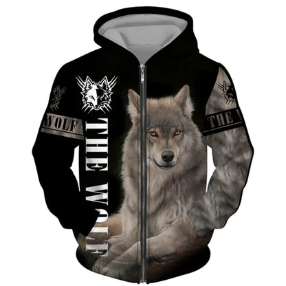 3D Wolf Print Men's Zipper Hoodies Fashion Animal Pattern Top Coat Street Punk Style Oversized Sweatshirts Outdoor Leisure Jackets