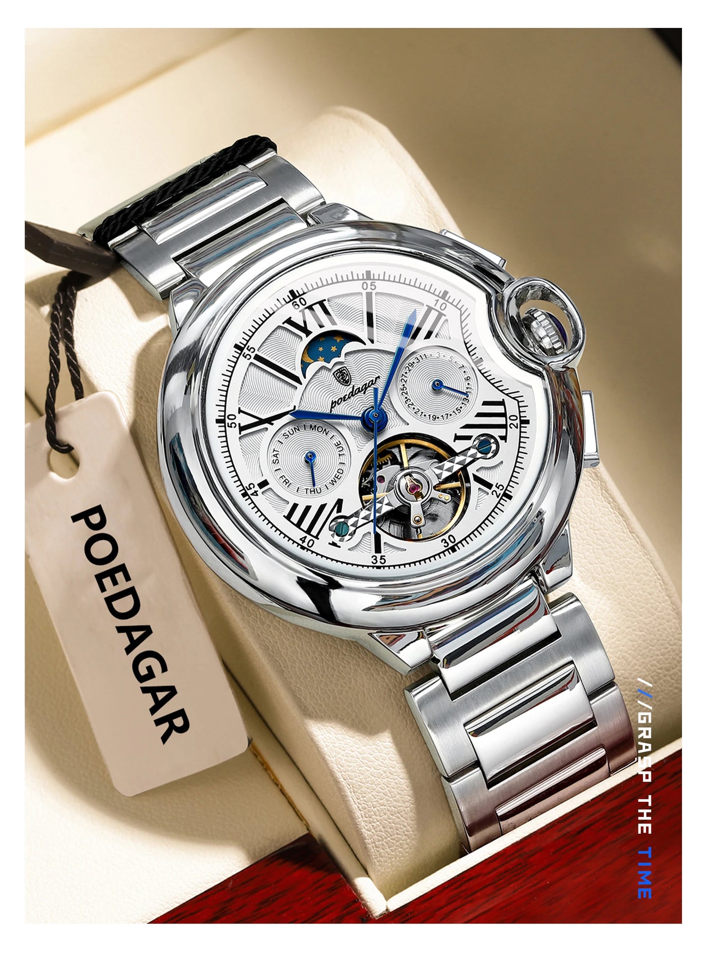 POEDAGAR Luxury Male Watch Tourbillon Date Week Stainless Steel Men Watch Waterproof Automatic Mechanical Military Men's Watches