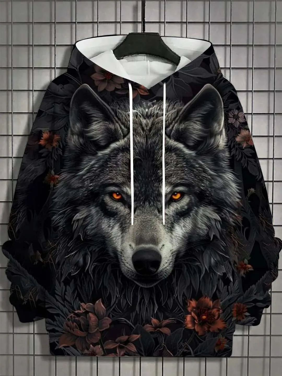 European and American Men's Autumn Fashion Wolf Print Soft and Comfortable Hooded Sweatshirt Outdoor Urban High Street Clothing