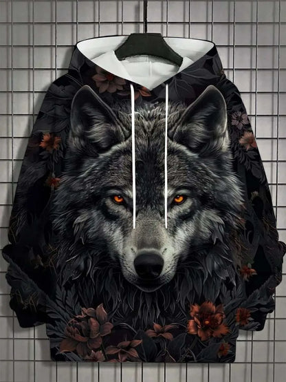 European and American Men's Autumn Fashion Wolf Print Soft and Comfortable Hooded Sweatshirt Outdoor Urban High Street Clothing