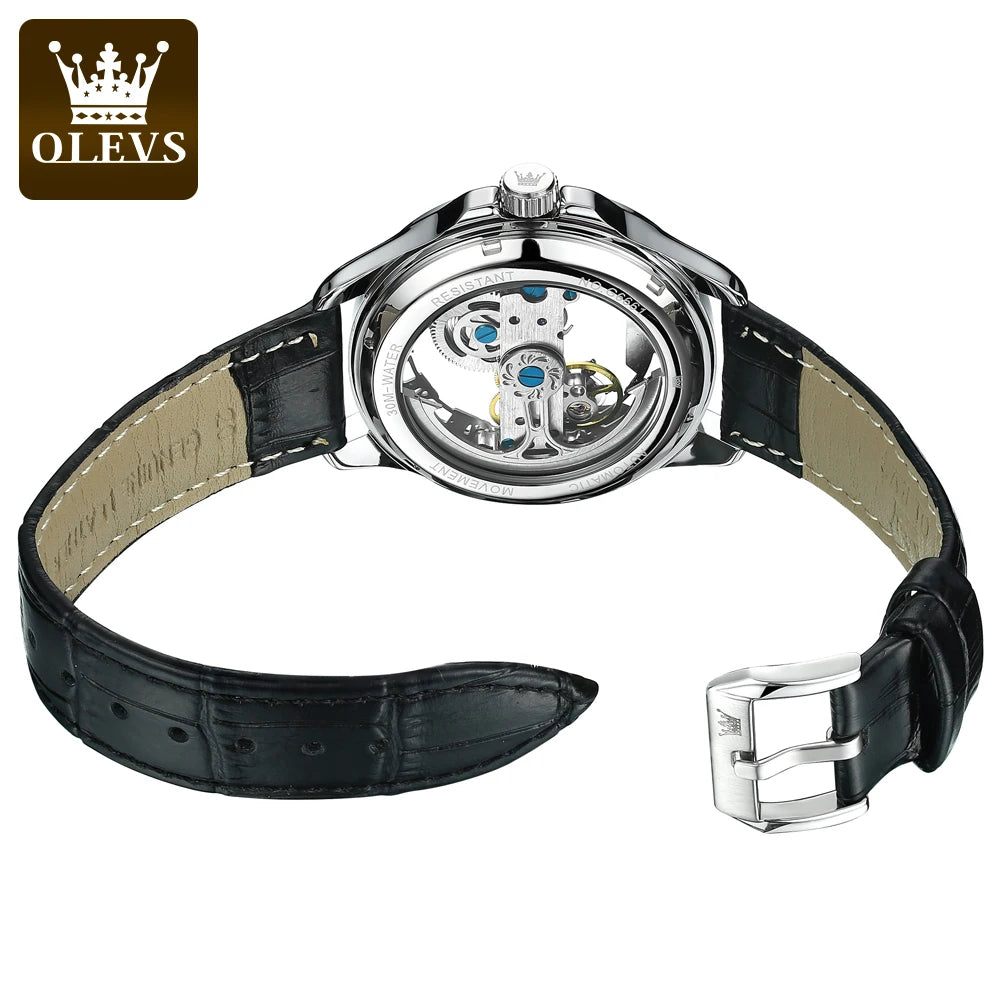 Relógio mecânico automático para homem OLEVS 6661 – Modelo esqueleto totalmente transparente com volante visível, bracelete em pele, relógio de luxo original para homem