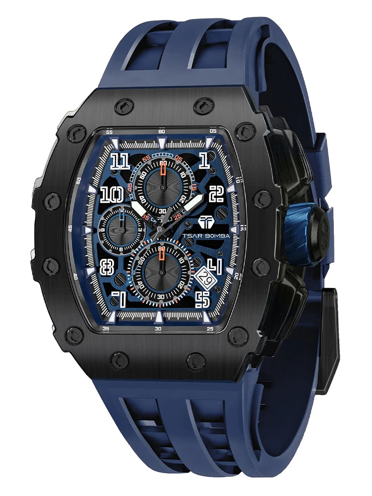 Reloj TSAR BOMBA para hombre, marca de lujo, diseño tonneau, impermeable, de acero inoxidable, reloj de pulsera de moda rectangular para hombre