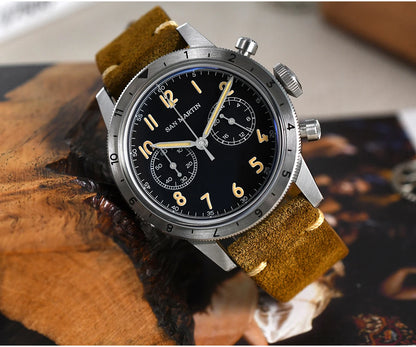 San Martin Vintage Men Quartz Watch Pilot VK64 Chronograph Watches Waterproof Luminous Quick Release Leather Strap SN0127