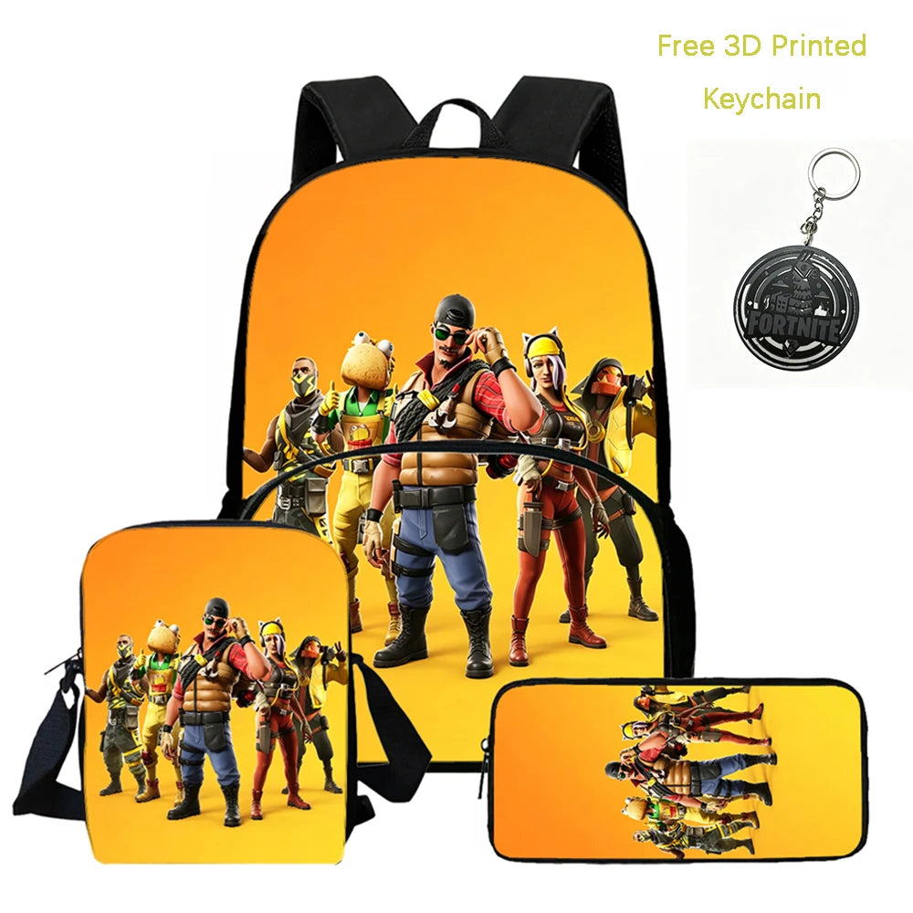FORTNITE 3-Piece Lightweight Backpack Set with Front Pocket, Crossbody Bag & Pencil Case for Ages 5-9 Boys and Girls, Includes Free 3D Printed Keychain