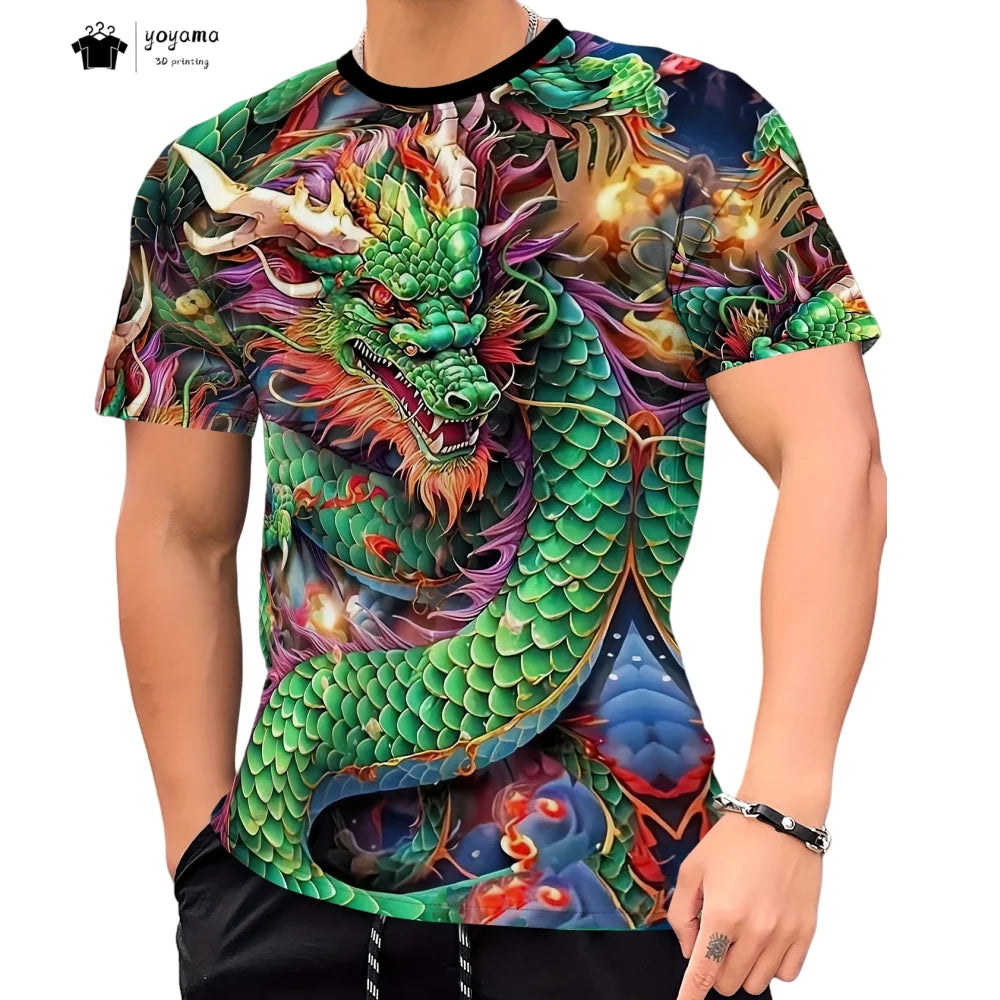 T-shirts de homem com padrão de dragão, manga curta, gola redonda, estilo streetwear, estampado animal 3D, corte largo e versátil, roupa de homem