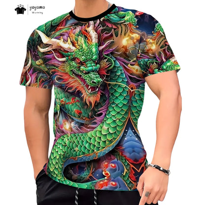 T-shirts de homem com padrão de dragão, manga curta, gola redonda, estilo streetwear, estampado animal 3D, corte largo e versátil, roupa de homem
