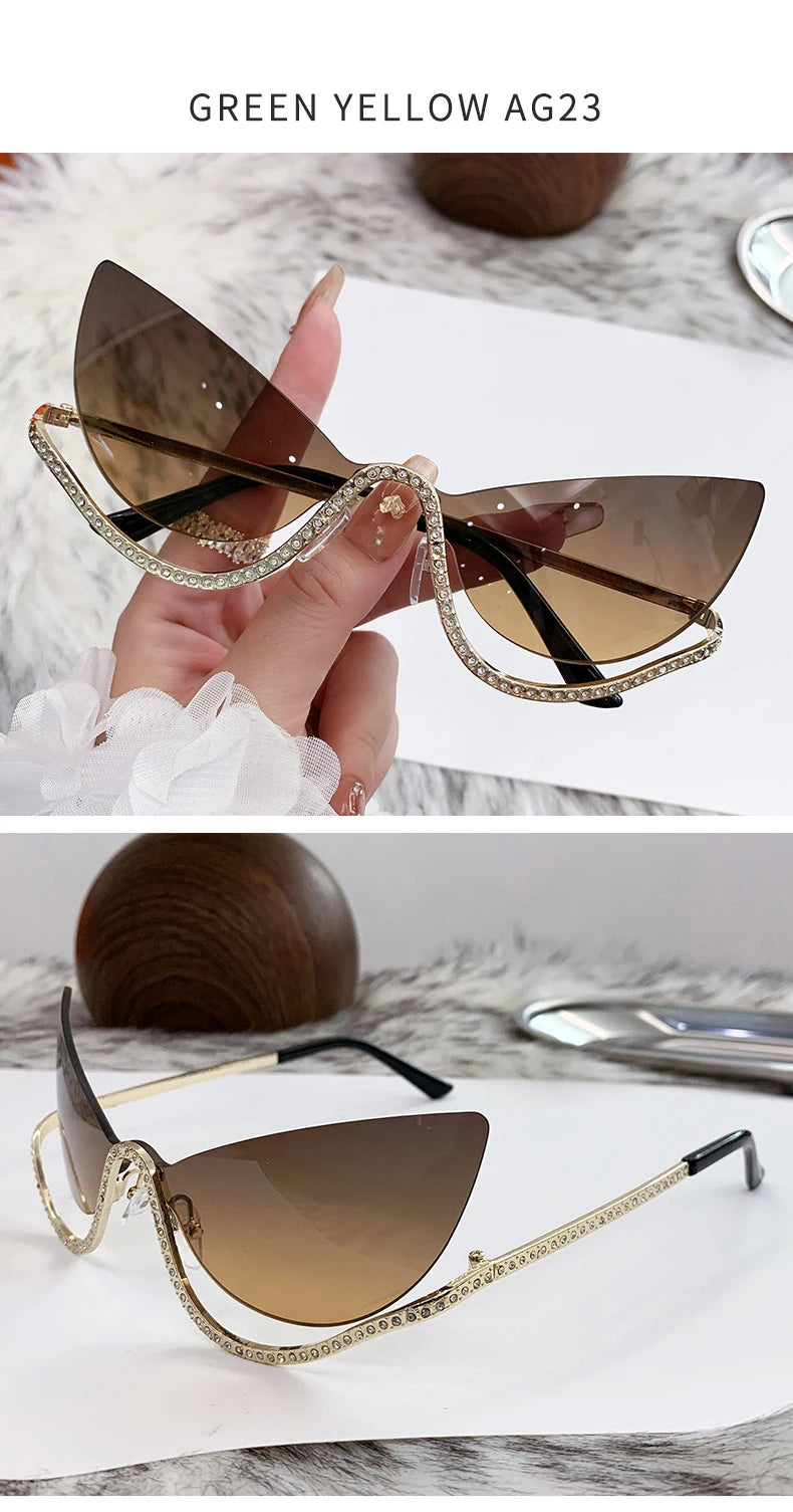 Sexy Cat Eye Rimless Sunglasses Women 2026 Luxury Brand Trendy Rhinestone Sun Glasses Punk Metal Frame Eyewear Outdoor Shades