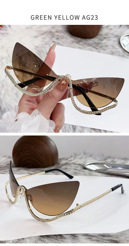 Sexy Cat Eye Rimless Sunglasses Women 2026 Luxury Brand Trendy Rhinestone Sun Glasses Punk Metal Frame Eyewear Outdoor Shades