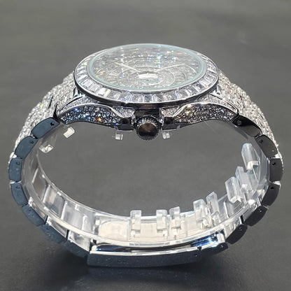 Full Iced Out Watches For Men Luxury Handmade Mosaic Diamond Silver Steel Watch Fashion Hip Hop Silver Automatic Date Male Clock