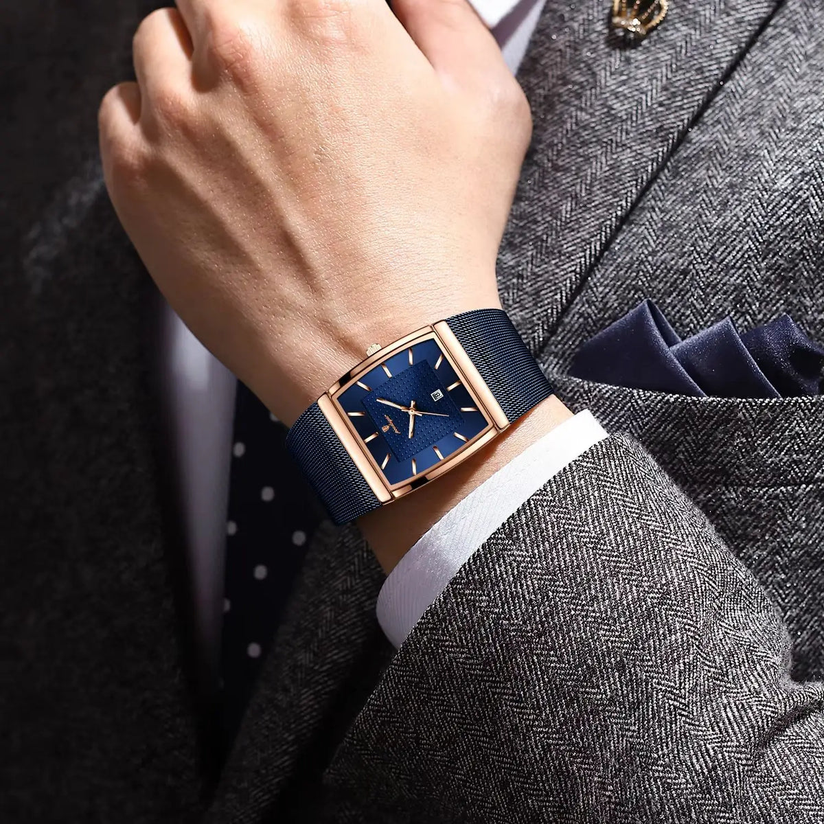 POEDAGAR Men’s Luxury Rectangle Quartz Watch Stainless Steel Mesh Strap, Luminous Dial & Date