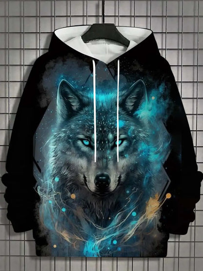 European and American Men's Autumn Fashion Wolf Print Soft and Comfortable Hooded Sweatshirt Outdoor Urban High Street Clothing