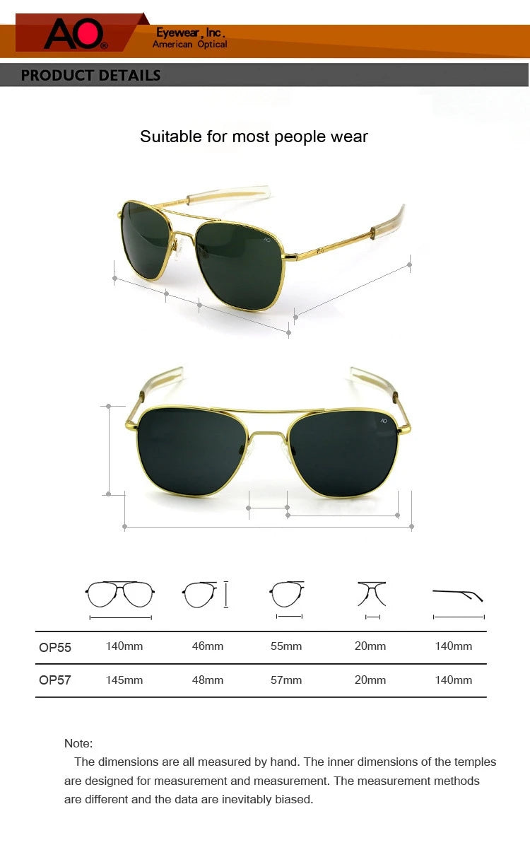 Pilot AO Sunglasses Men Top Quality American Army Military Mirror AGX Tempered Glass Lens Sun Glasses