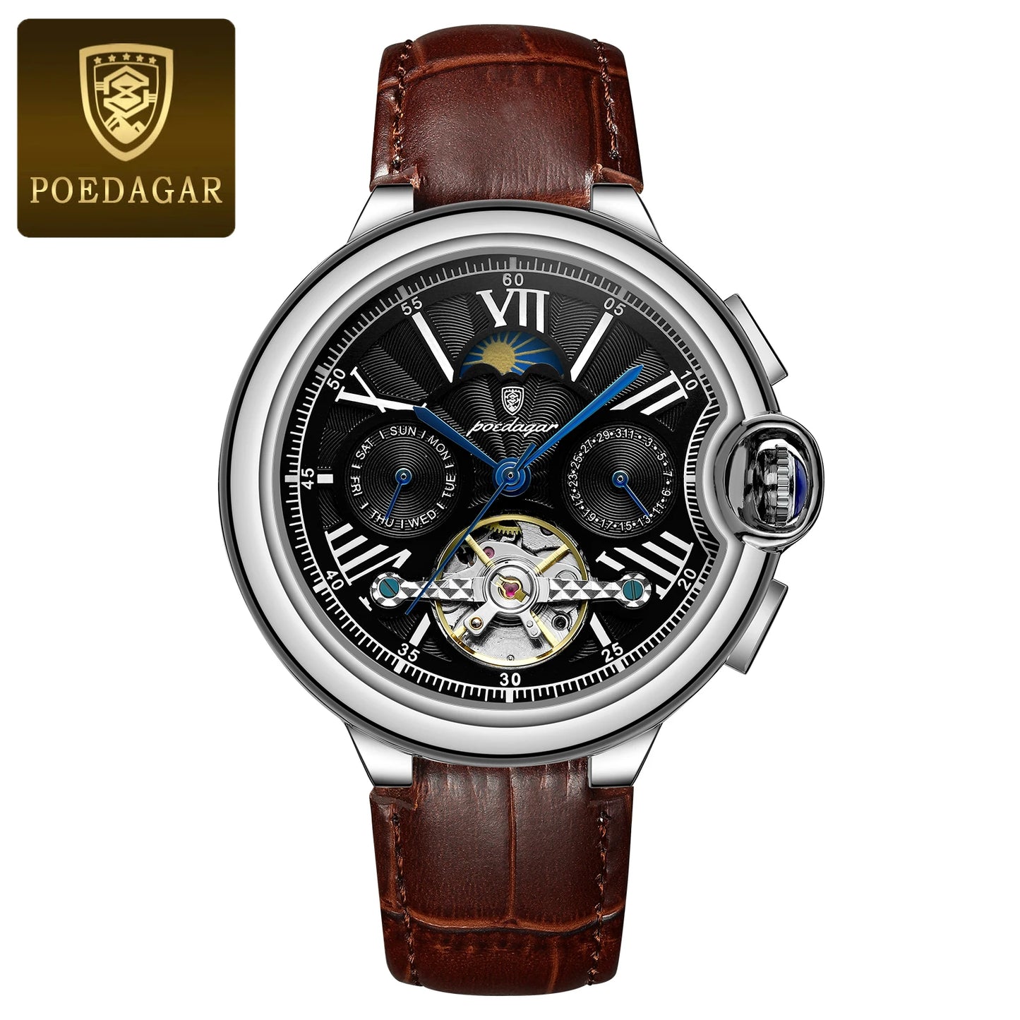 POEDAGAR Luxury Male Watch Tourbillon Date Week Stainless Steel Men Watch Waterproof Automatic Mechanical Military Men's Watches