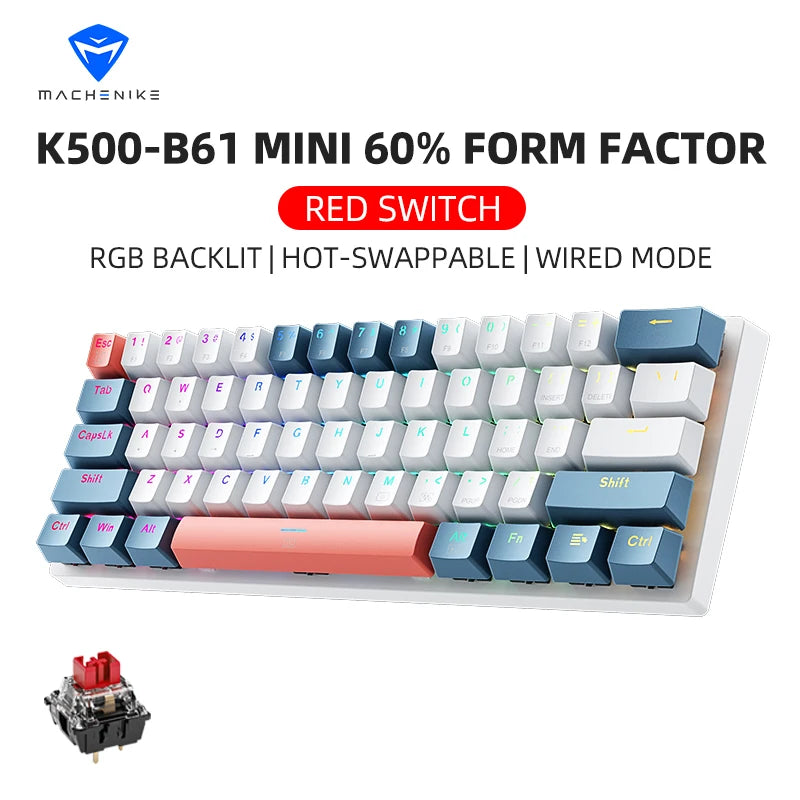 K500-B61 Machenike Mini teclado mecánico, formato 60%, 61 teclas, teclado gaming con cable, teclas totalmente hot-swappable y retroiluminación RGB
